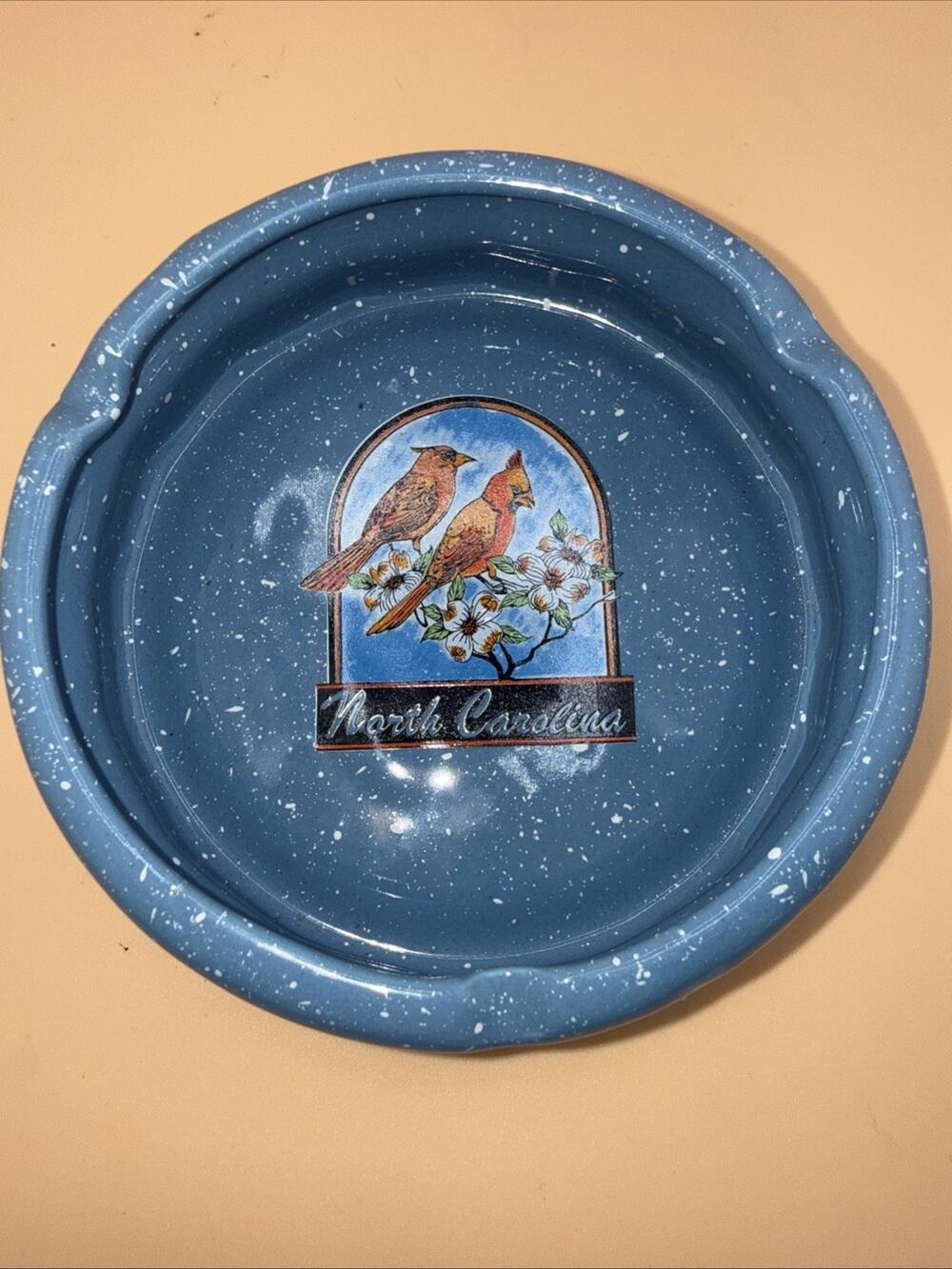 Vintage North Carolina Ceramic Souvenir Ashtray Blue Cardinal Bird Dogwood